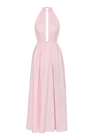 Pembe Halter Yaka Keten Elbise