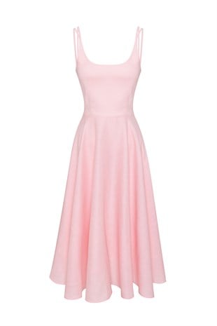 Pembe Keten Midi Elbise