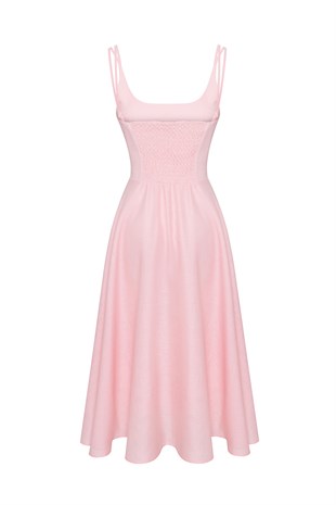 Pembe Keten Midi Elbise
