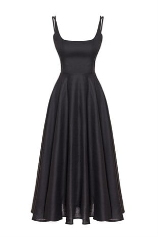 Siyah Keten Midi Elbise