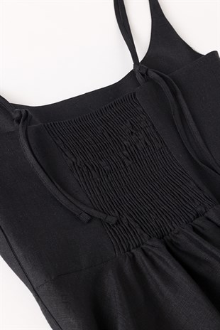 Siyah Keten Midi Elbise