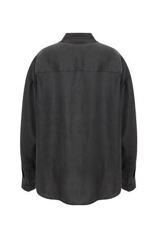 Siyah Keten Uzun Kollu Gömlek