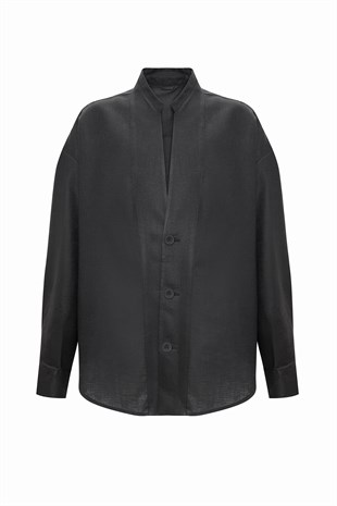 Siyah Keten Uzun Kollu Gömlek