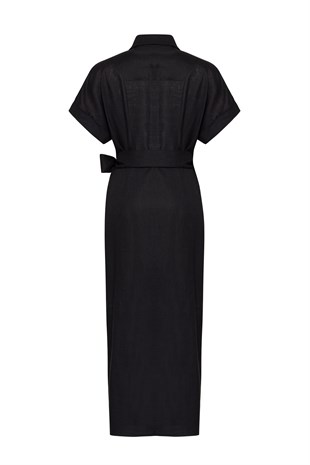 Siyah Organik Keten Uzun Elbise