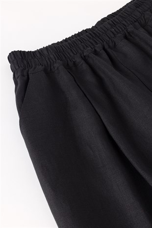Siyah Rahat Kesim Keten Pantolon