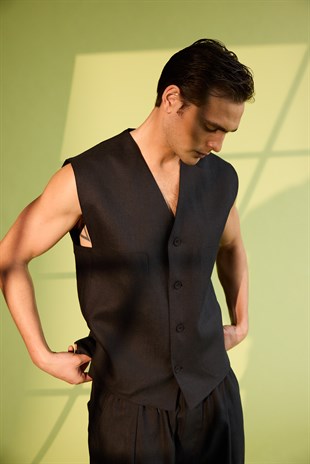 Siyah Rahat Kesim Keten Pantolon