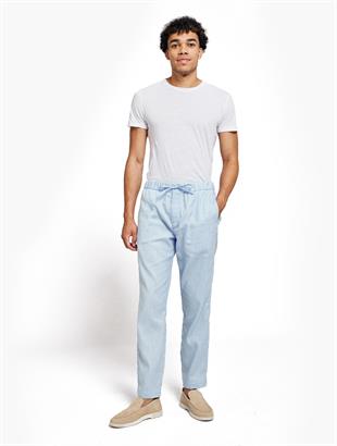 Belden Bağlamalı Mavi Keten Pantolon