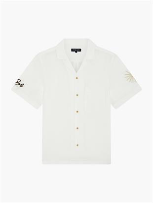 Erkek Kol Detaylı Beyaz Keten Gömlek