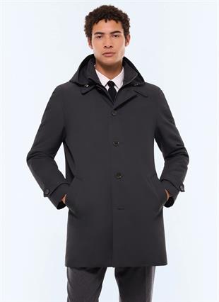 Antrasit Kapüşonlu Kısa Kaban