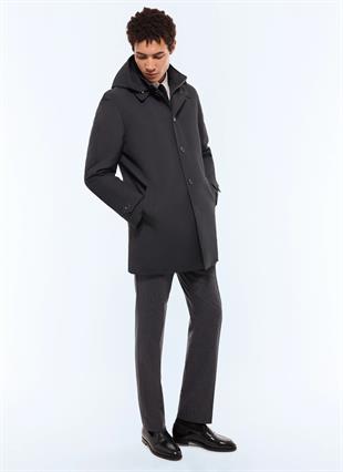 Antrasit Kapüşonlu Kısa Kaban