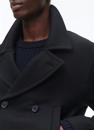 Lacivert Yün karışımlı Kısa Kaban