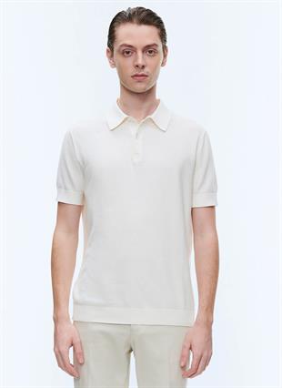 Pamuk ve Kaşmir Ekru Polo Yaka T-Shirt