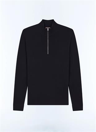 Siyah Yarım Fermuarlı Yün Triko