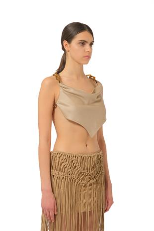 Keten Karışımlı Degaje Yaka Crop Üst