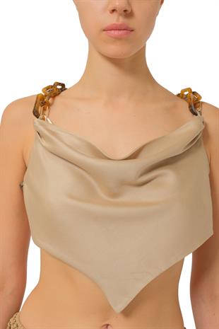 Keten Karışımlı Degaje Yaka Crop Üst