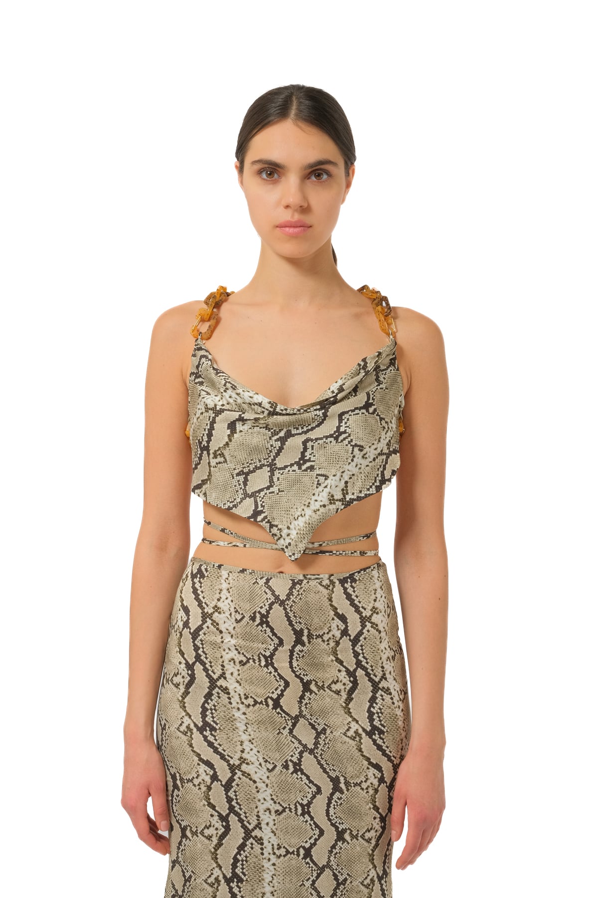 Yılan Derisi Desenli Degaje Yaka Crop Üst