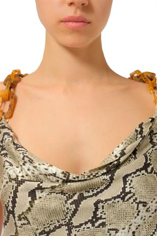 Yılan Derisi Desenli Degaje Yaka Crop Üst