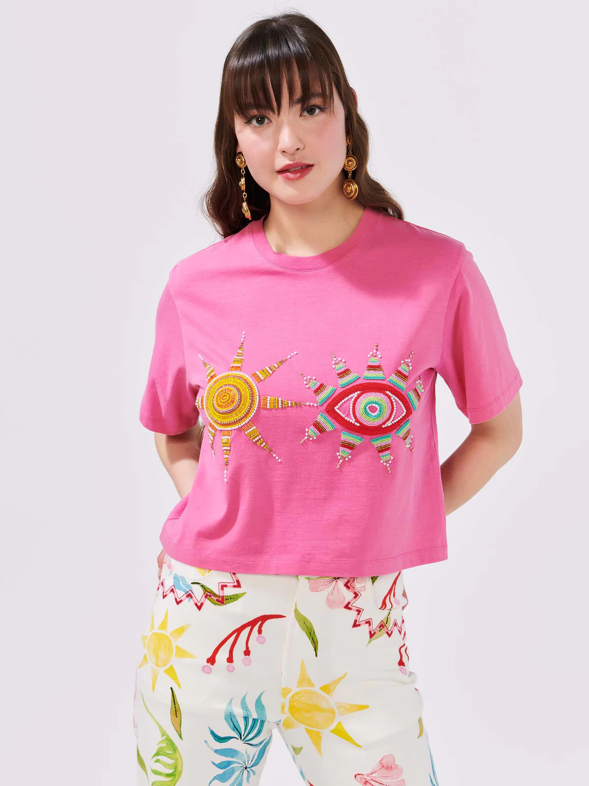 Boncuk İşlemeli Pembe Crop T-shirt