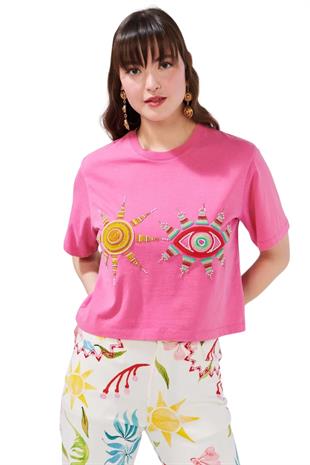 Boncuk İşlemeli Pembe Crop T-shirt