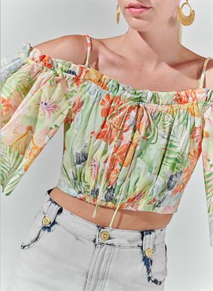 Floral Desen Düşük Omuz Crop Üst