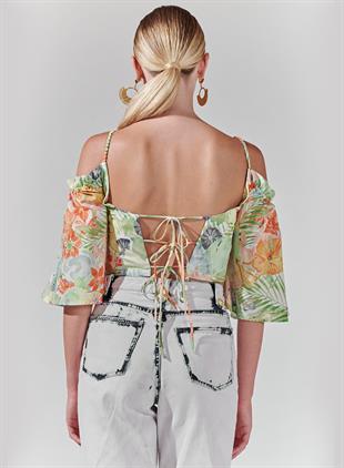 Floral Desen Düşük Omuz Crop Üst