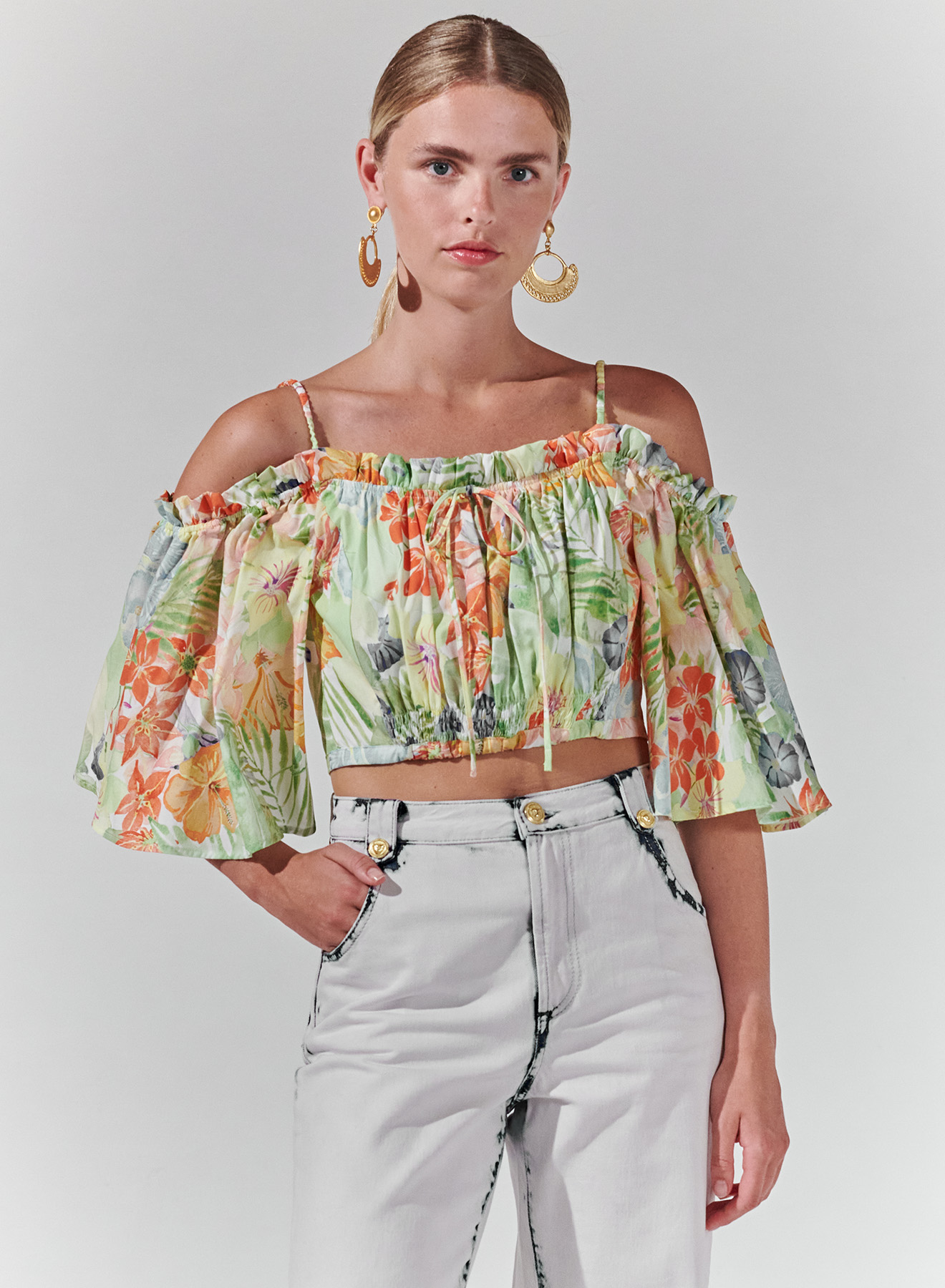 Floral Desen Düşük Omuz Crop Üst