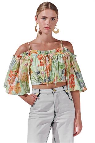 Floral Desen Düşük Omuz Crop Üst
