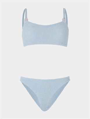 Dokulu Kumaş Askılı Mavi Bikini Takımı