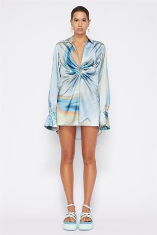 Mavi Soyut Desenli Mini Elbise