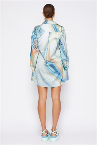 Mavi Soyut Desenli Mini Elbise