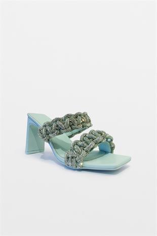 Yeşil Küt Burunlu Taşlı Topuklu Terlik