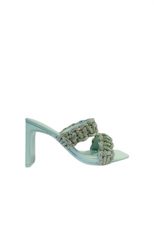 Yeşil Küt Burunlu Taşlı Topuklu Terlik