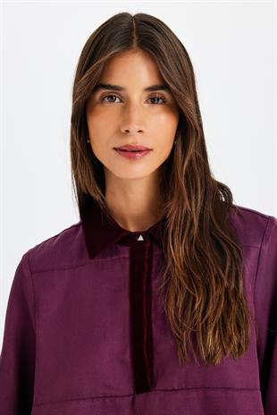 Bordo Polo Yaka Kutnu Bluz