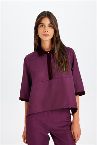 Bordo Polo Yaka Kutnu Bluz