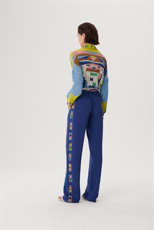 Desenli Geçiş Detaylı İpek Pantolon