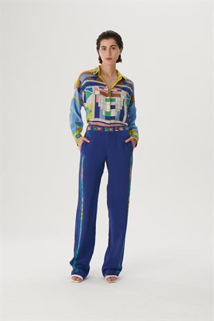 Desenli Geçiş Detaylı İpek Pantolon