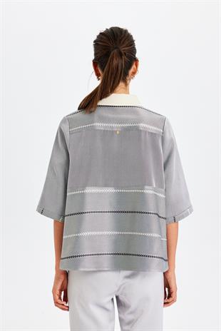 Gri Polo Yaka Kutnu Bluz