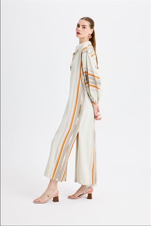 Gri Turuncu Maxi Kaftan Elbise