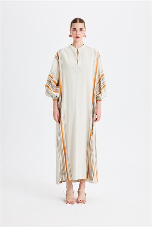 Gri Turuncu Maxi Kaftan Elbise