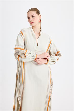 Gri Turuncu Maxi Kaftan Elbise