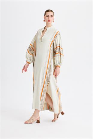 Gri Turuncu Maxi Kaftan Elbise