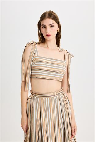 Kahverengi Omuz Bağcıklı Kutnu Crop Top