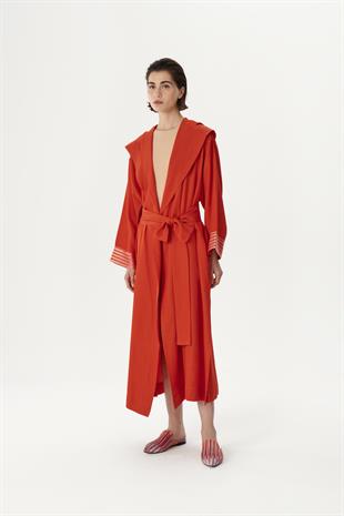 Kapüşonlu Turuncu Kutnu Kimono