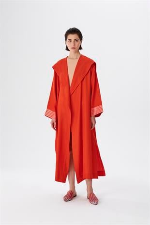 Kapüşonlu Turuncu Kutnu Kimono
