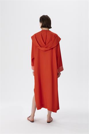 Kapüşonlu Turuncu Kutnu Kimono