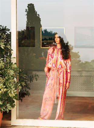 Kemerli Zeugma İpek Pembe Pantolon