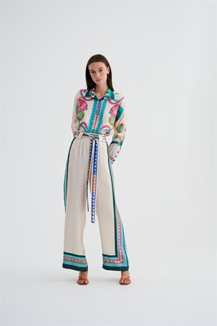 Krem Desenli Pantolon