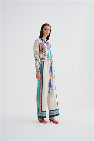 Krem Desenli Pantolon