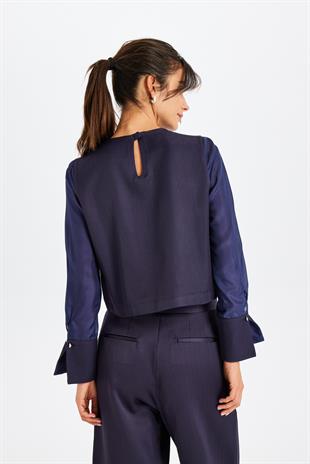 Lacivert Crop İpek Bluz