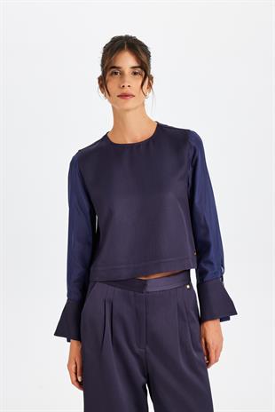 Lacivert Crop İpek Bluz